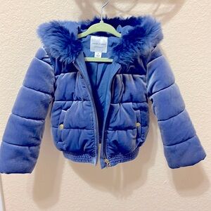 Lavender fur lined shimmery puffer jacket.